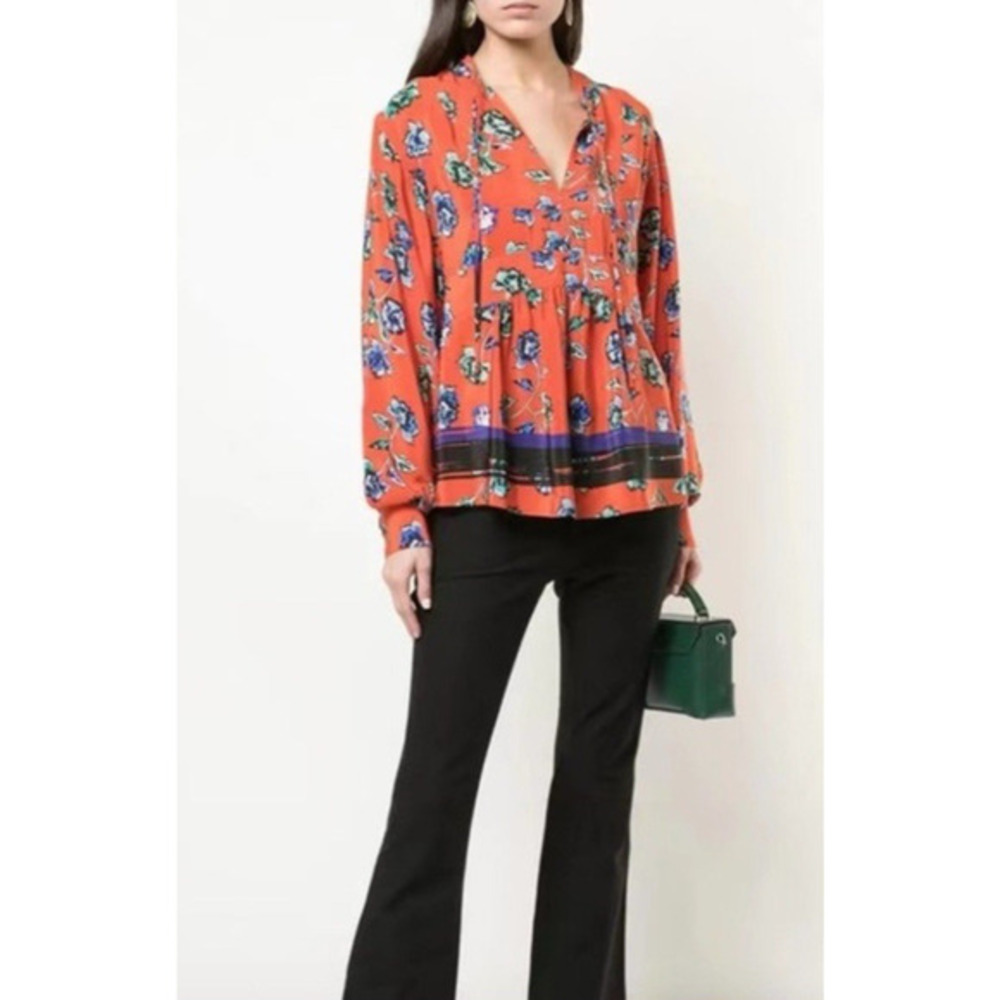 Derek Lam 10 Crosby Womens Floral V-Neck Red Silk‎ Blouse Top Sz 8 Flounce Hem